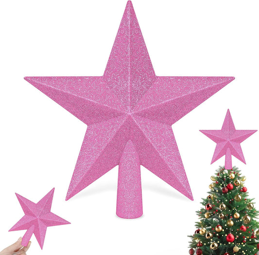 Christmas Tree Decoration, 8" Pink Christmas Tree Topper Star Accessories, Xmas Glitter 3D Bethlehem Tree Ornament, Waterproof Holiday Christmas Tree Topper Star Decorations for Home Indoor Outdoor