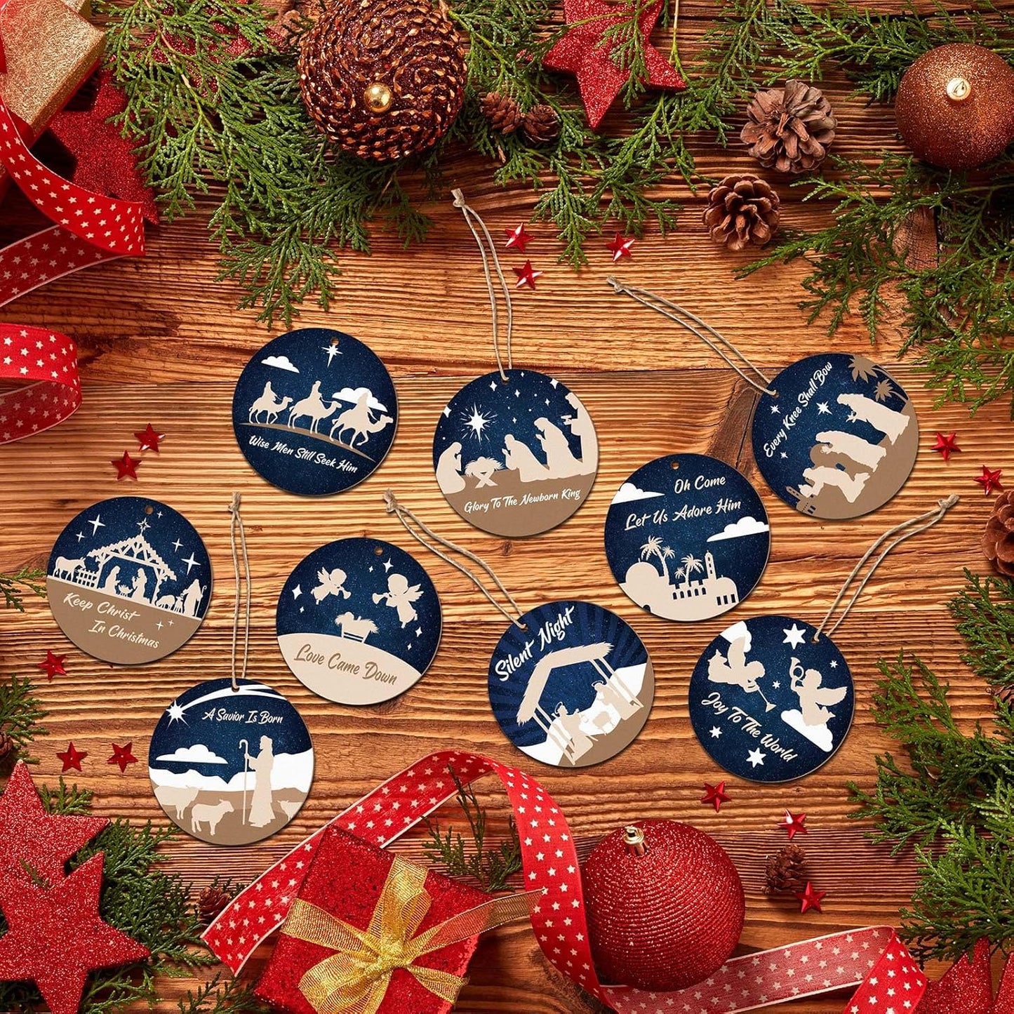 Soaoo 60 Pcs Nativity Scene Christmas Tree Ornament Christian Religious Ornaments Bulk Round Nativity Xmas Tree Hanging Wooden Decorations for Garden Yard Outdoor Home(Classic Style)