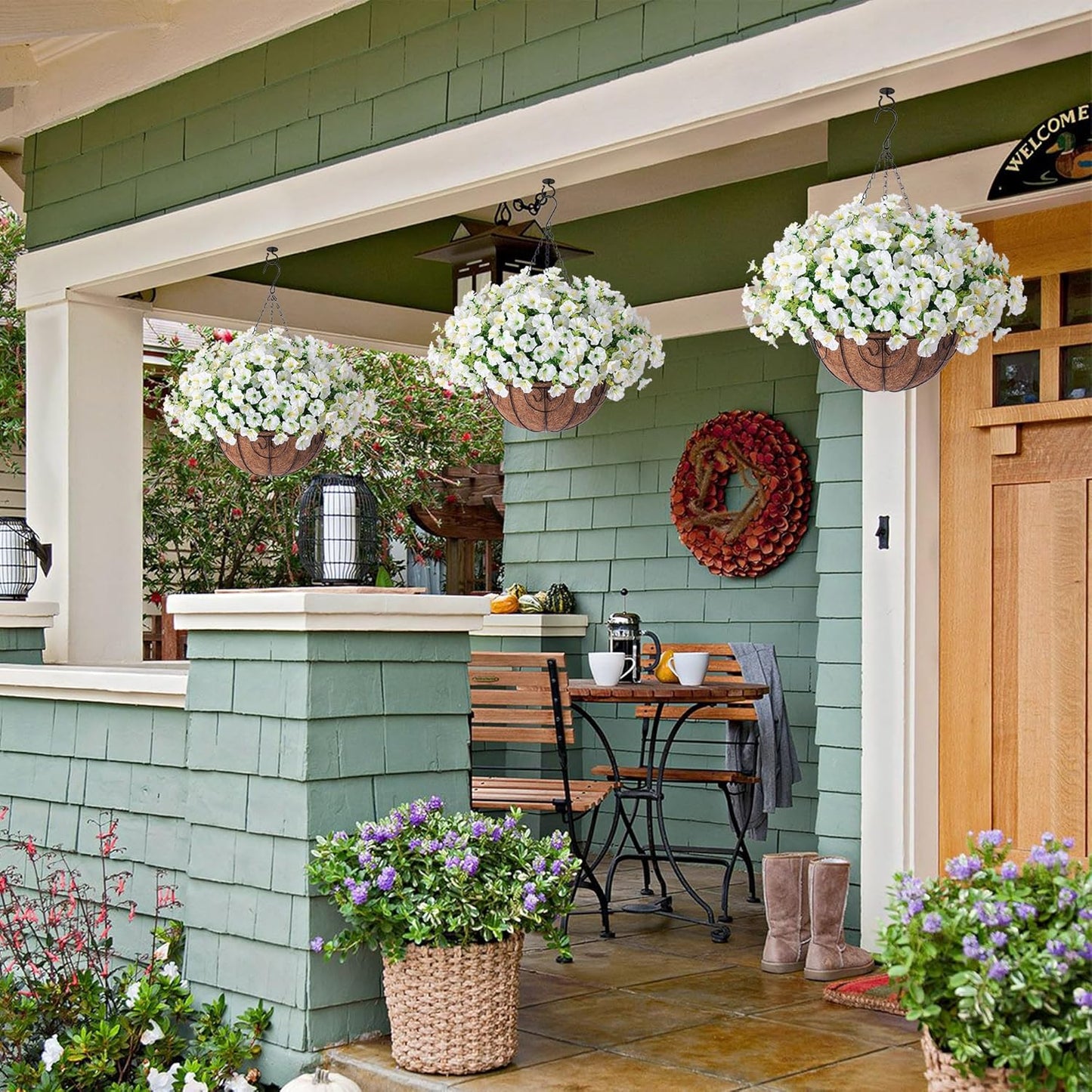 Ivydale Artificial Fake Hanging Flowers Plants Baskets for Outdoor Spring Summer Decoration, Faux Silk White Morning Glory Look Real UV Resistant for Outside Porch Patio Balcony Yard Front Door Garden