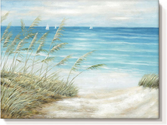 Beach Sea Canvas Wall Art: Seaside Coastal Reed Painting Blue Ocean Nautical Picture Modern Minimalist Seascape Grass Path Artwork Decor for Living Room Bedroom