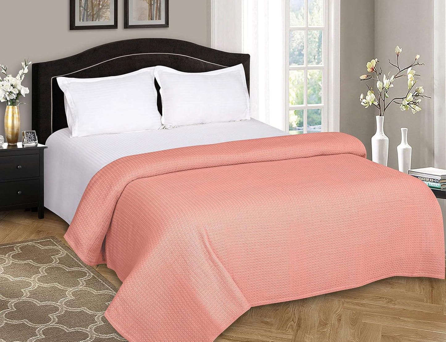 BELIZZI HOME 100% Cotton Bed Blanket, Breathable Bed Blanket King Size, Cotton Thermal Blankets King, Perfect for Layering Any Bed for All Season, Peach