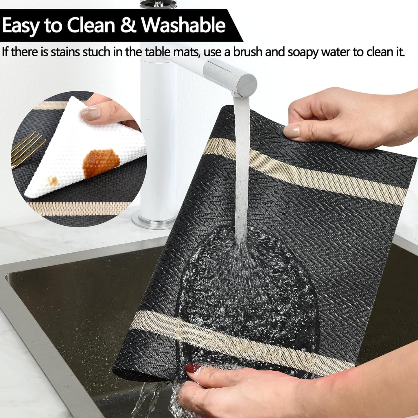 Black Placemats Set of 6 - Easy Clean Modern Durable Washable Vinyl Place Mats - Heat Resistant Placemats for Kitchen Table - PVC Table Mats for Dining Table (Black with Stripes, 6)