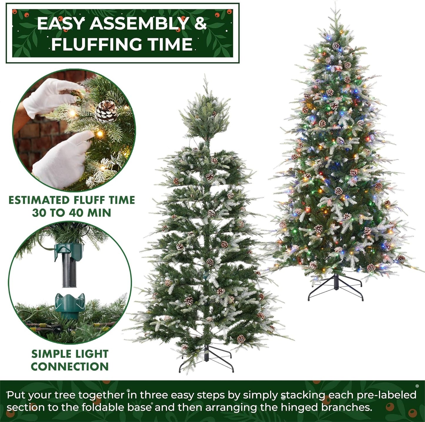 Casafield 6.5FT Pre-Lit Frosted Slim Aspen Fir Artificial Holiday Christmas Tree with White & Multicolored LED Lights, Partially Flocked Realistic Noble Fir with Metal Stand