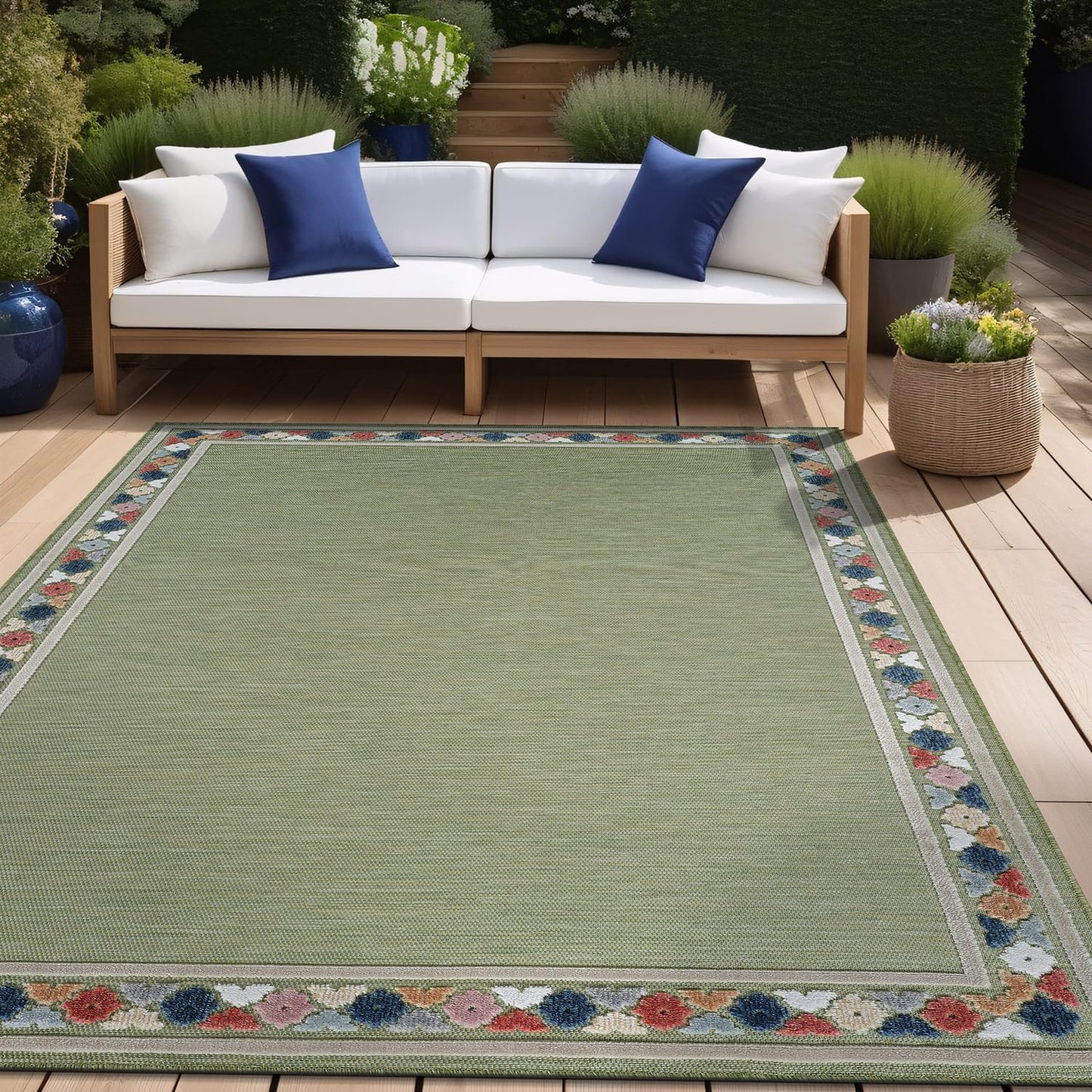 Beverly Rug Outdoor Rug 10x14 Modern Bordered Large Area Rugs for Indoor and Outdoor Patio Easy to Clean Non Shedding Living Room Porch Garden Washable Outside Carpet (10 x 14 Green)