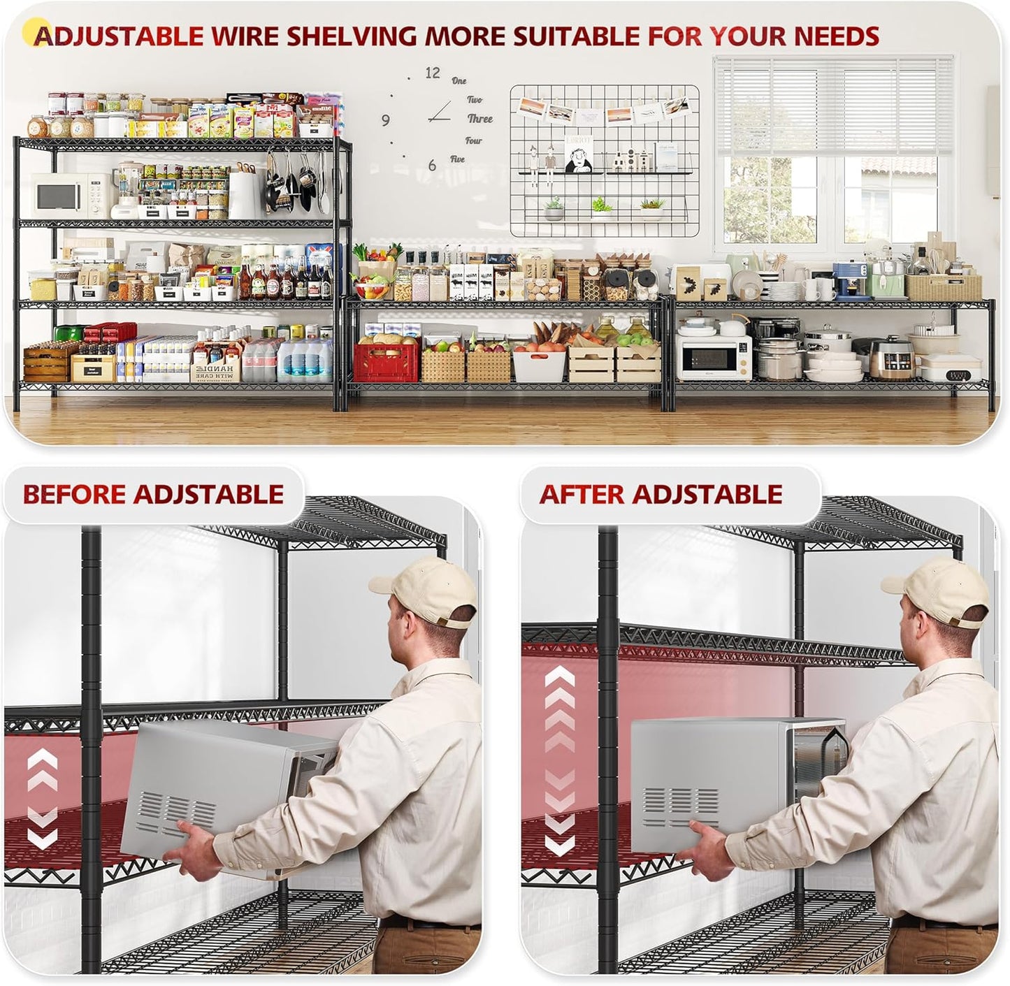 REIBII 75.6" H Storage Shelves Wire Shelving Unit with Wheels 2500LBS Garage Shelving Heavy Duty Metal Shelves for Storage Rack Adjustable Pantry Shelf Commercial Shelving, 75.6" H X 55.5''W X 24" D