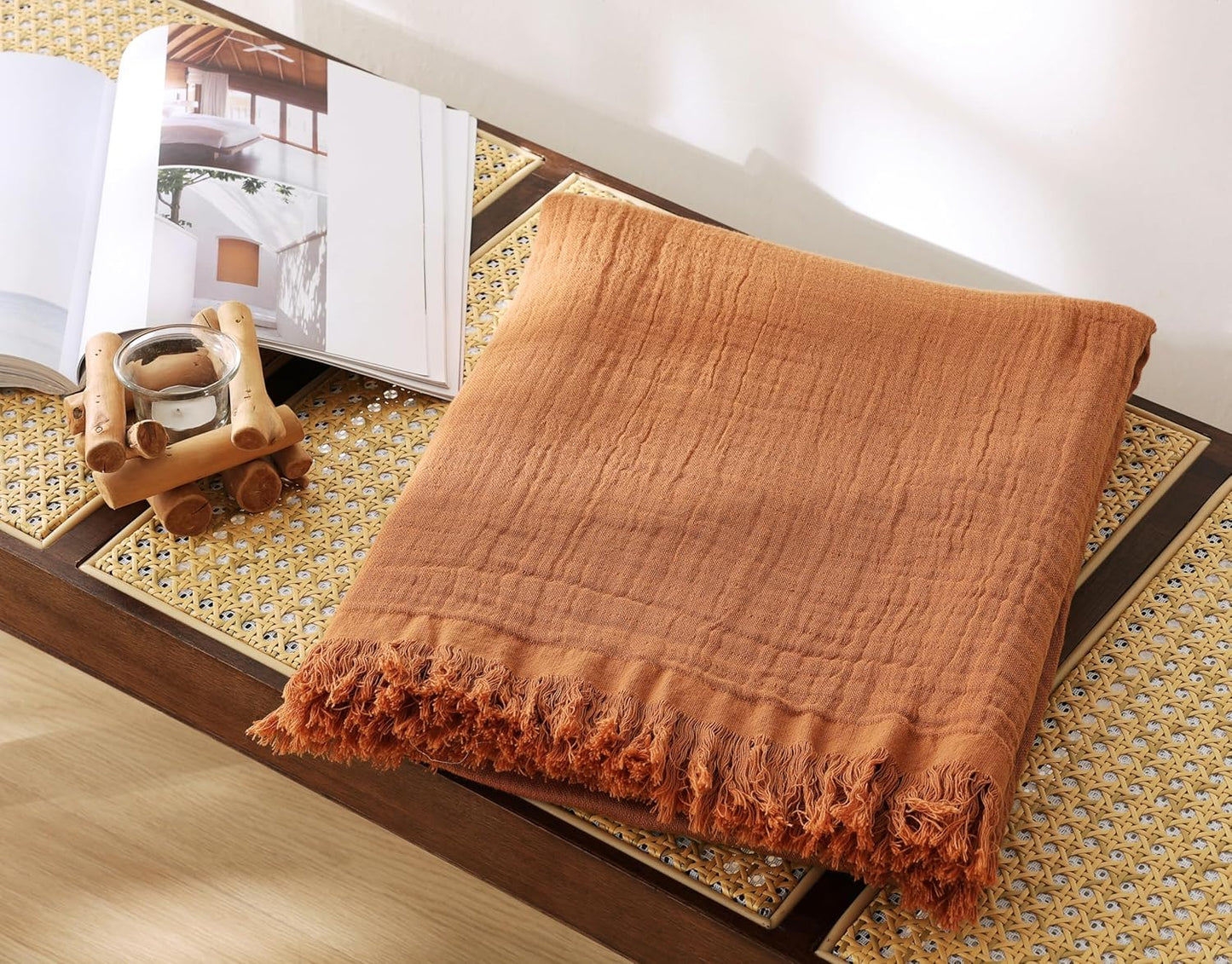 100% Cotton Muslin Throw Blanket for Bed, Couch, Travel, Luxuriously Soft, Pre-Washed, Breathable and Lightweight Gauze Blanket with Tassels, Suitable for All Seasons, Rust, 50"x60"