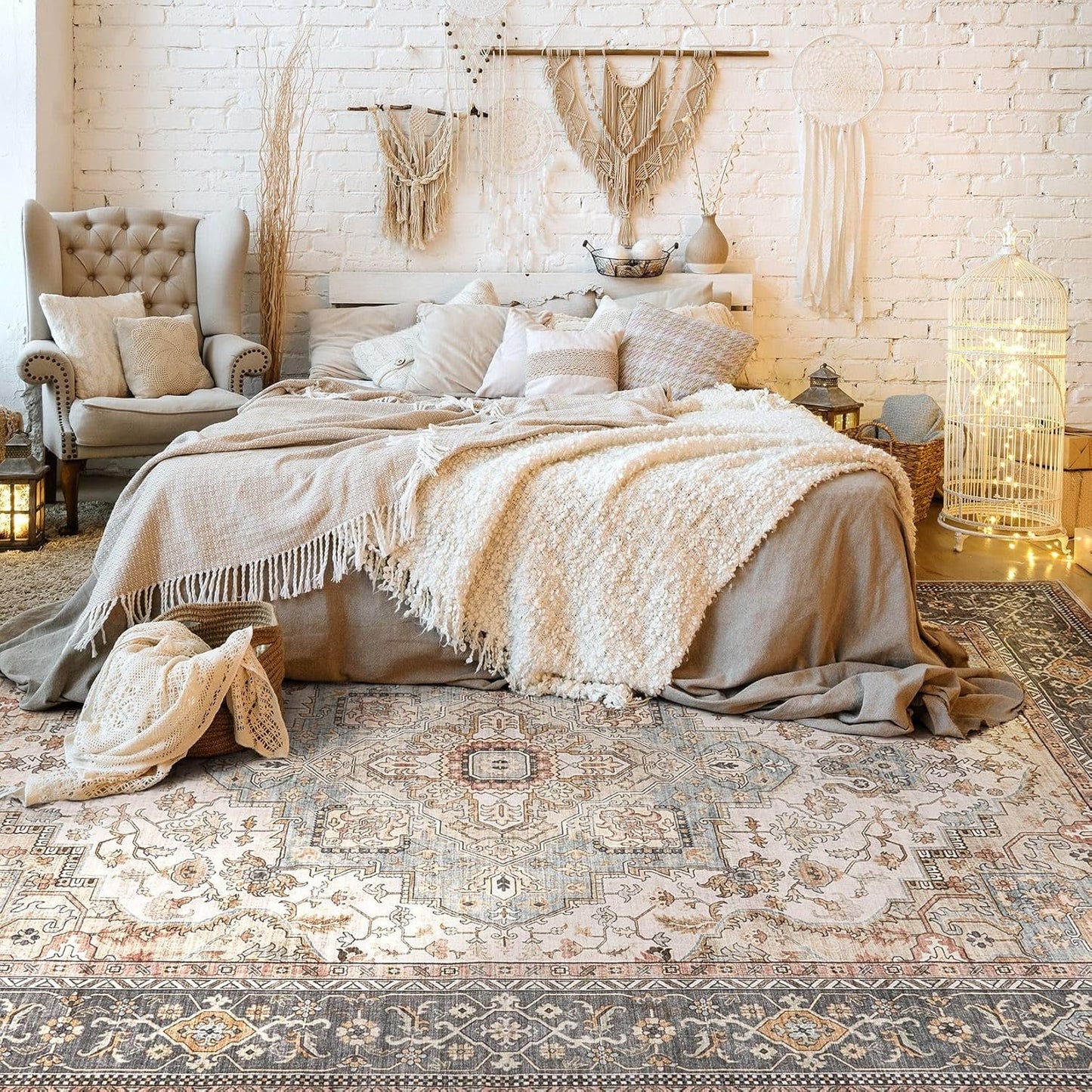 Washable Area Rugs for Living Room - 8x10 Neutral Vintage Distressed Floral Farmhouse Boho Large Soft Floor Rug Indoor Non Slip Carpet for Bedroom Dining Room Office -Forest Green Orange