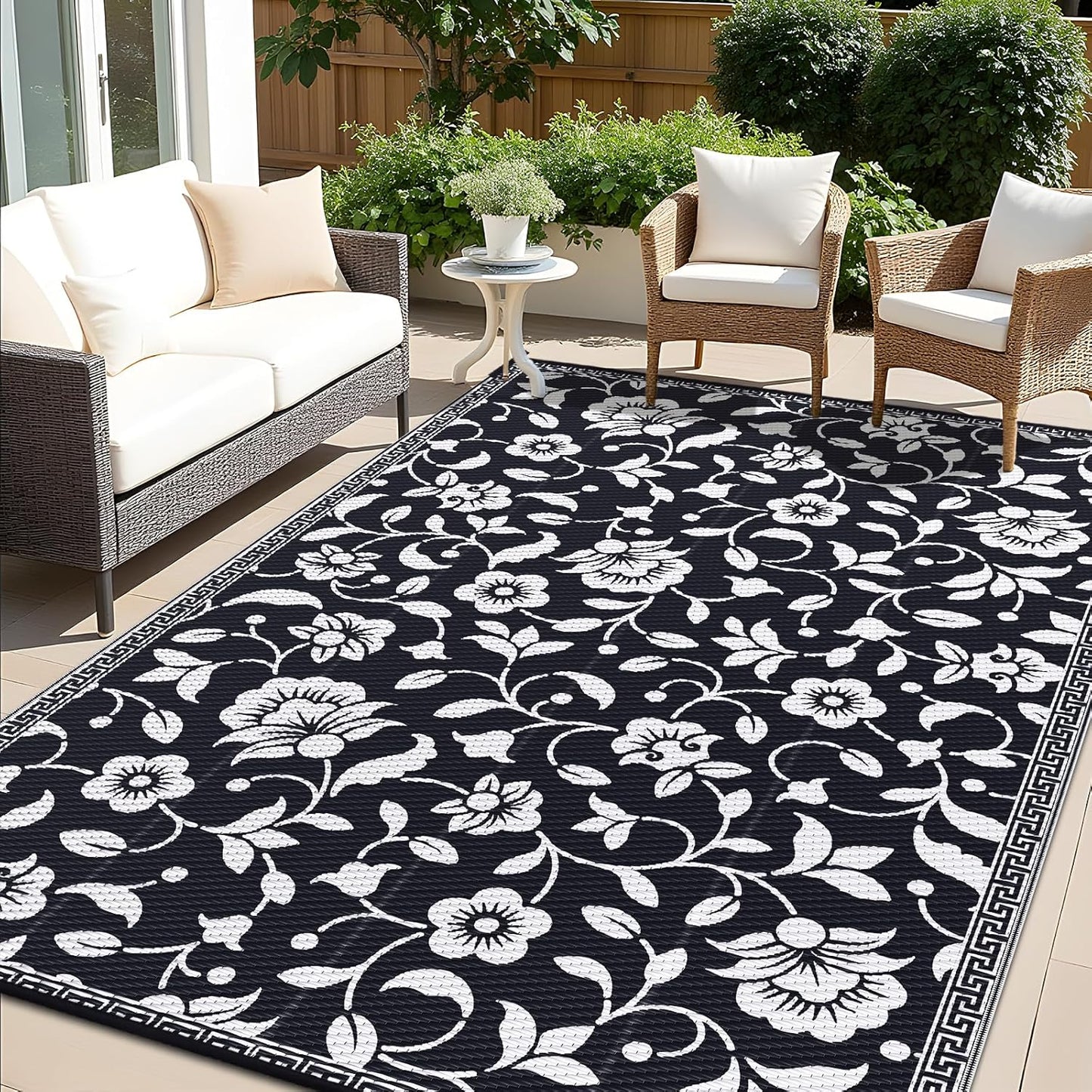 OLANLY Waterproof Outdoor Rug 9x12 ft, Outdoor Plastic Straw Rug with Flower Pattern, Reversible RV Mat for Patio, Camping, Balcony, Deck, Backyard, Black & White