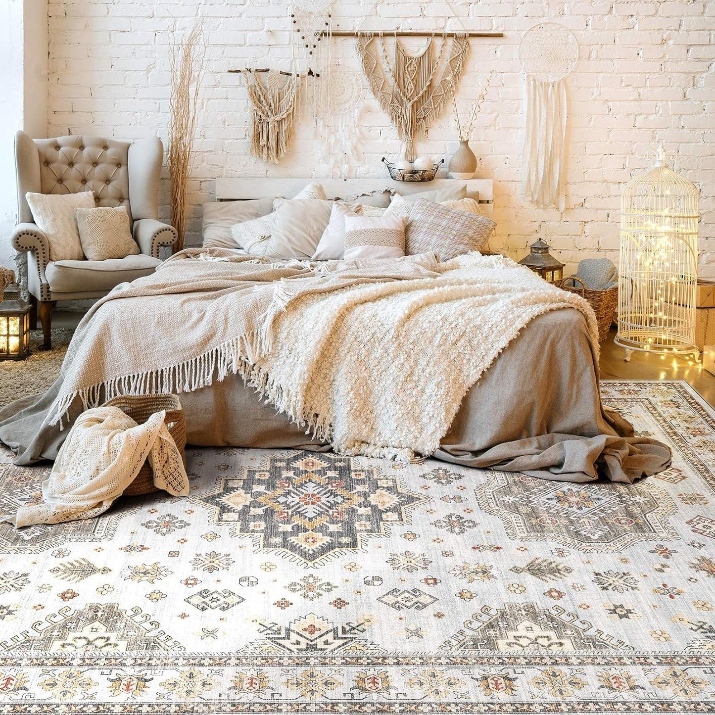 Washable Area Rugs for Living Room - 5x7 Neutral Vintage Distressed Floral Farmhouse Boho Large Soft Floor Rug Indoor Non Slip Carpet for Living Room Bedroom Dining Room Office - Blue Brown