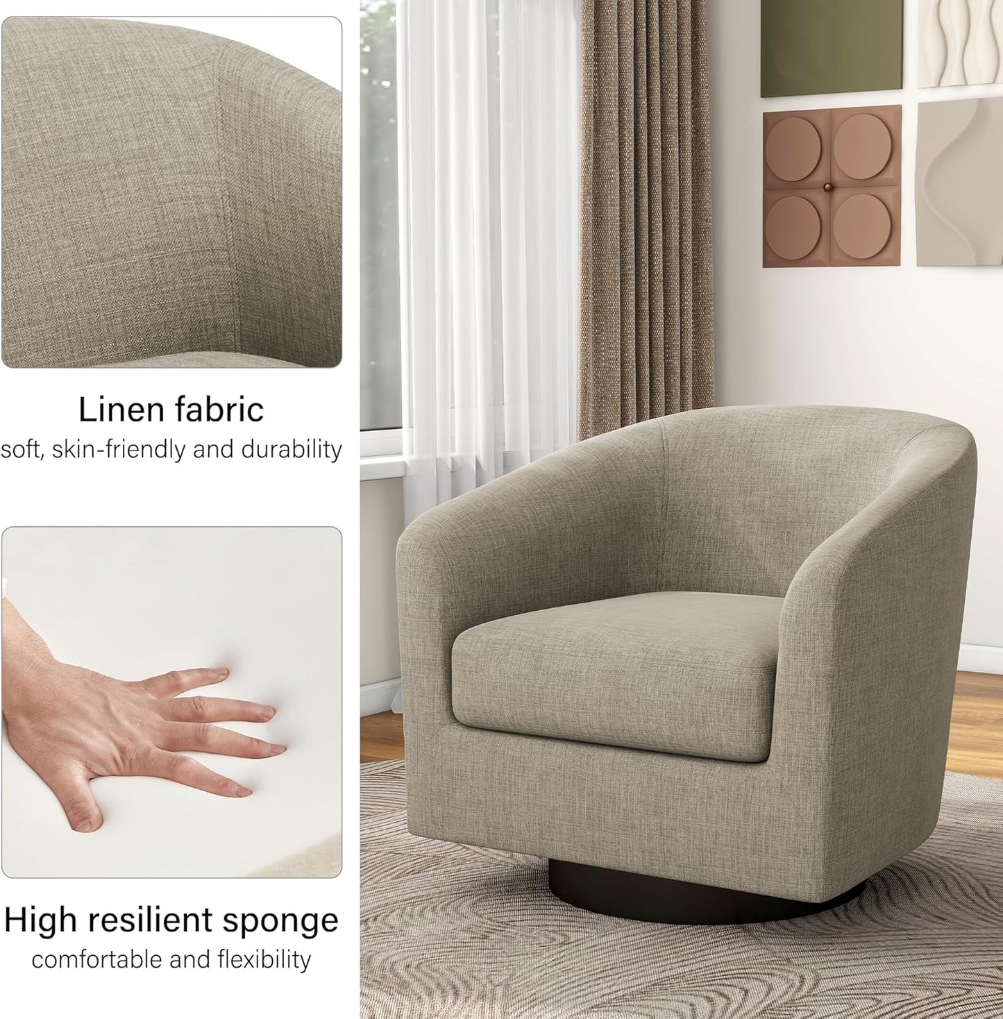 Swivel Barrel Accent Chair, Modern Round Linen Arm Chair for Living Room, Bedroom, Comfy Club Reading Chairs for Adults-Linen Fabric Light Brown, 1SEAT