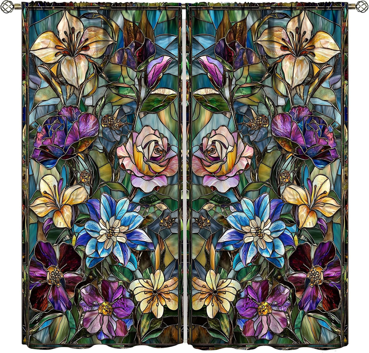 Stained Glass Curtains,Retro Colored Glass Flowers Art Home Decor Drapes for Bedroom Living Room Kitchen Window Treatment 2 Panels Set Total Size 42" W X 63" L Inch