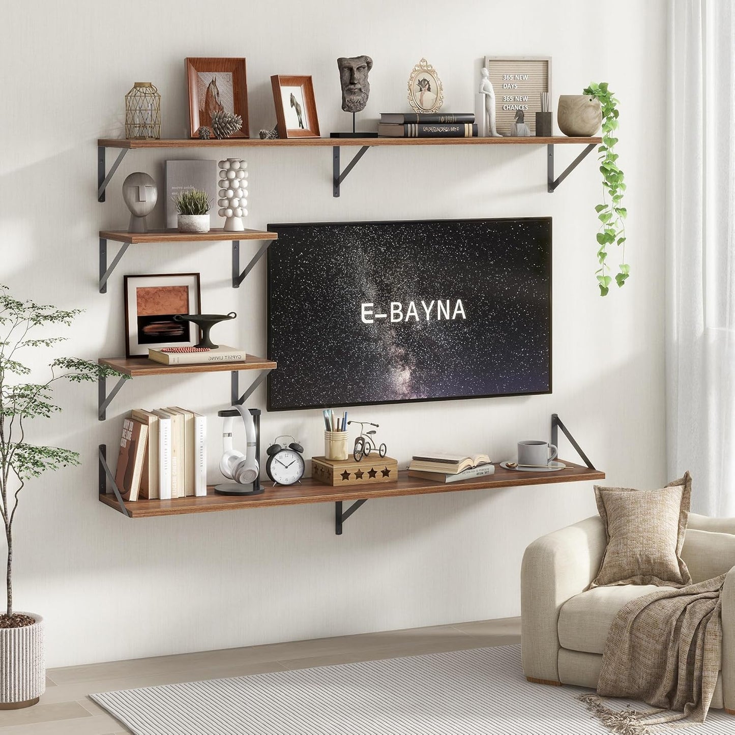 Floating Shelves 55 Inch Long, 10" Deep Floating Shelves, Walnut Wall Shelves 55 x 10, Set of 2, Wide Large Display Storage Shelves for Bathroom, Living Room, Rustic Wood Shelves with Brackets