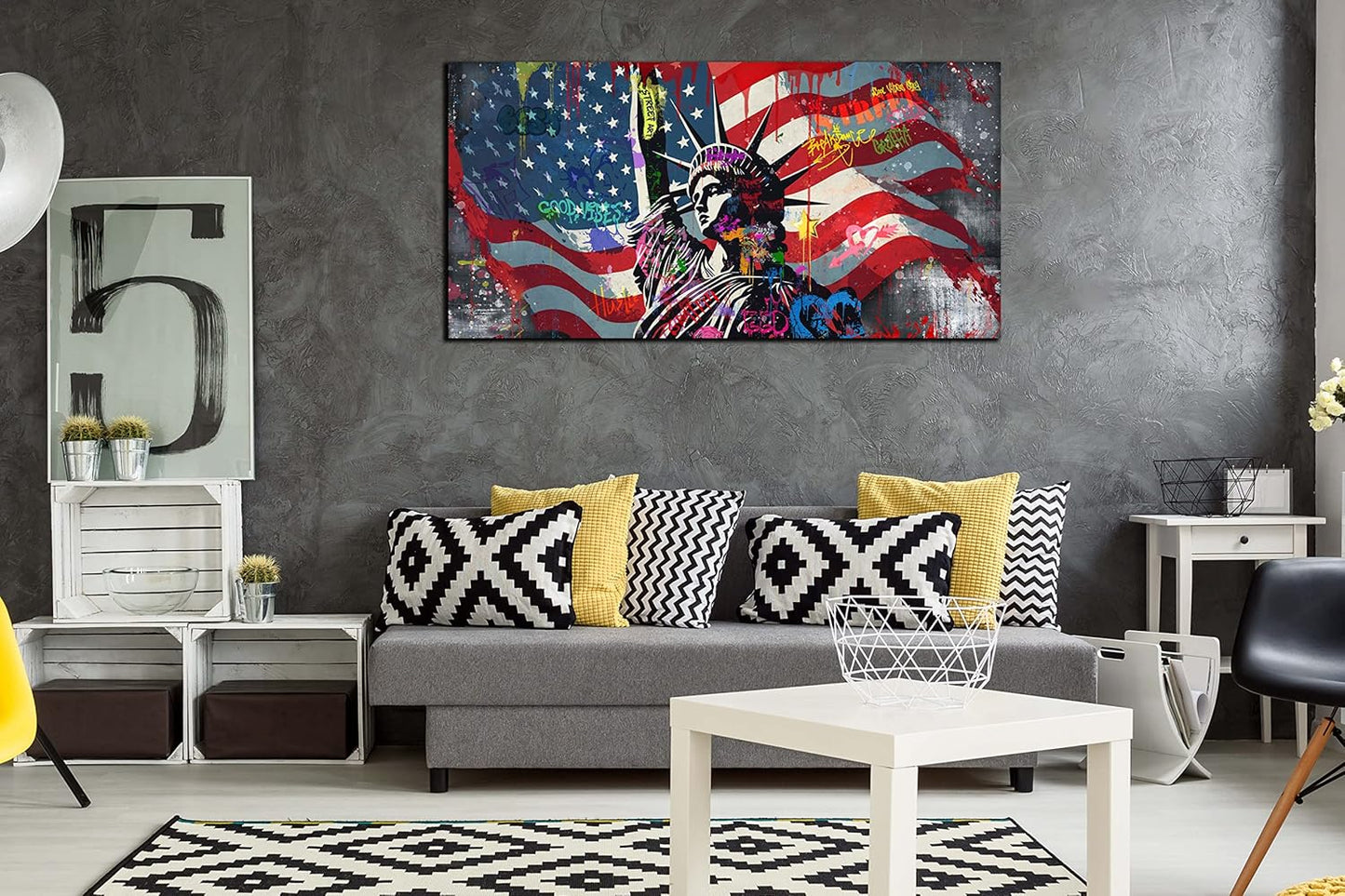 JKWALL77 American Flag Wall-Decor - Banksy Graffiti Canvas Wall Art - Office Pictures For Wall Ready To Hang Size 40" x 20"