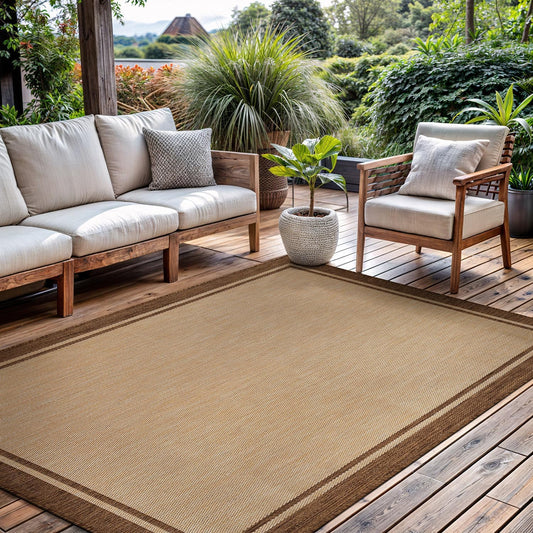 CAMILSON Outdoor Rug 8x10 Bordered Natural Brown Modern Area Rugs for Indoor and Outdoor Patios, Kitchen and Hallway Mats, Washable Porch Deck Outside Carpet (Border Jute, 8 x 10)