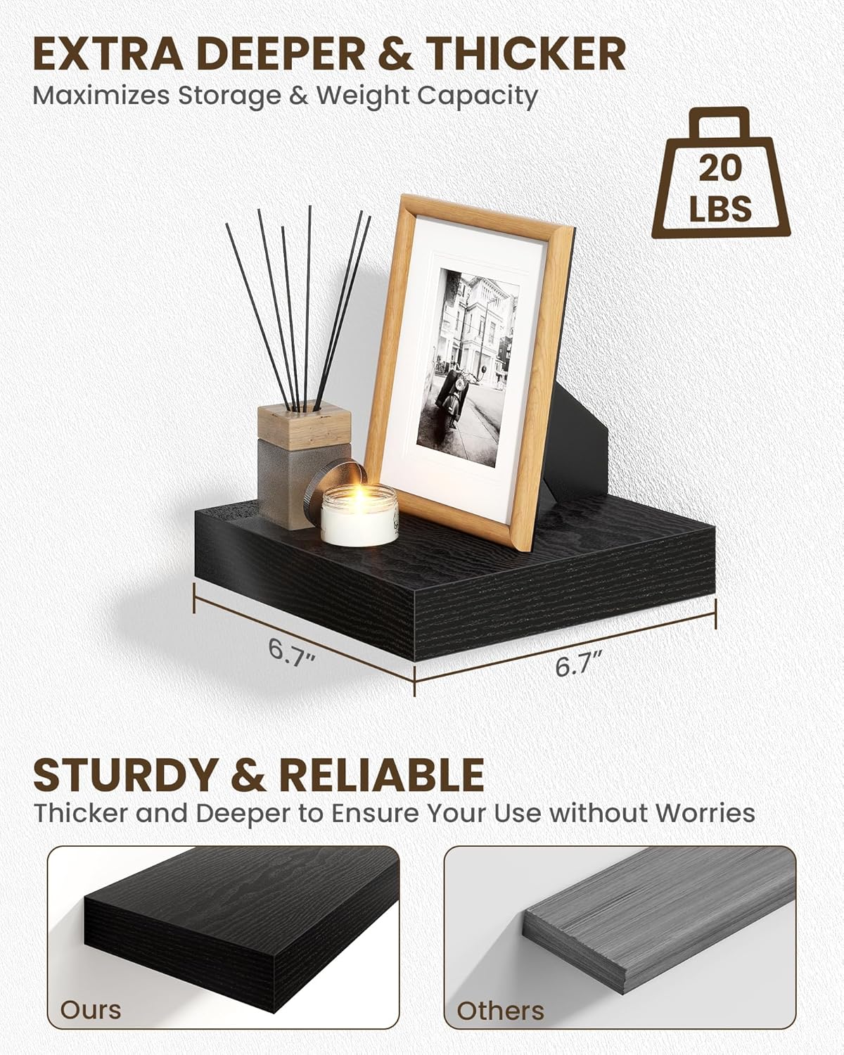 Marsmiles 6.7" Floating Shelves for Wall, Wooden Shelves with Invisible Brackets Set of 2, Rustic Farmhouse Wall Mounted Shelf for Kitchen Bathroom Living Room Study, Black