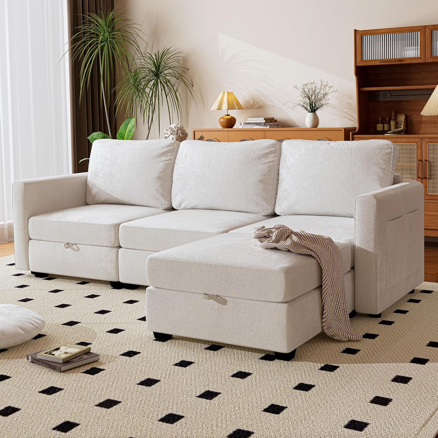 mestyl Modular Sectional Sofa Convertible L Shaped Sofa Couch Set with Storage for Living Room, Modern 3 Seater Modular Sectional Couch with Movable Ottoman (Beige)