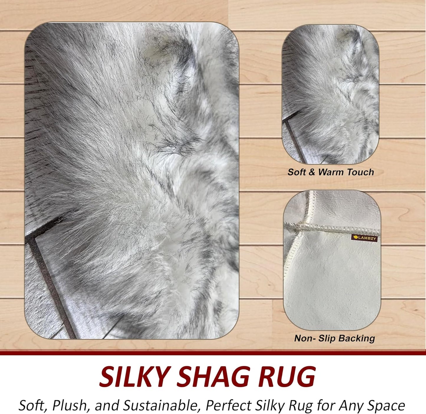 LAMBZY Faux Sheepskin Hypoallergenic Free Shape Silky Shag Rug, Luxury Shaggy Silky Plush Carpet for Bedrooms Rugs Living Kids Rooms Sofa Floor Rugs (Single 2'x3', 60x90cm White with Black Tips)