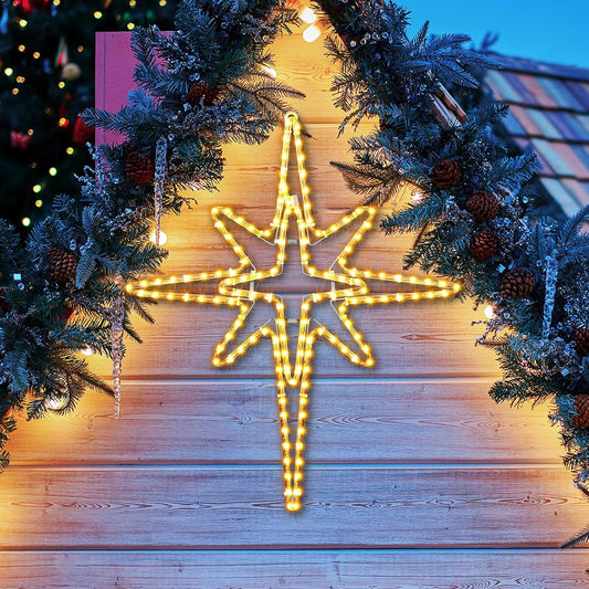 28" Christmas Star of Bethlehem LED Star Hanging Lights Nativity Holy Family Light for Door Window Porch Wall Decoration Plug Operated Lighted Hanging Tree Topper(Warm Light)