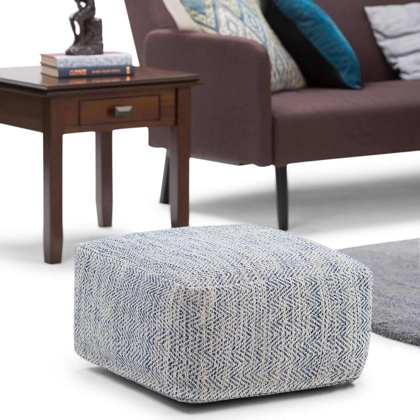 SIMPLIHOME Nate 20-inch Wide Square Pouf in Patterned Denim Mélange, Handwoven Boho-Style Cotton Ottoman, Footrest, or Extra Seating for Living Room, Assembled