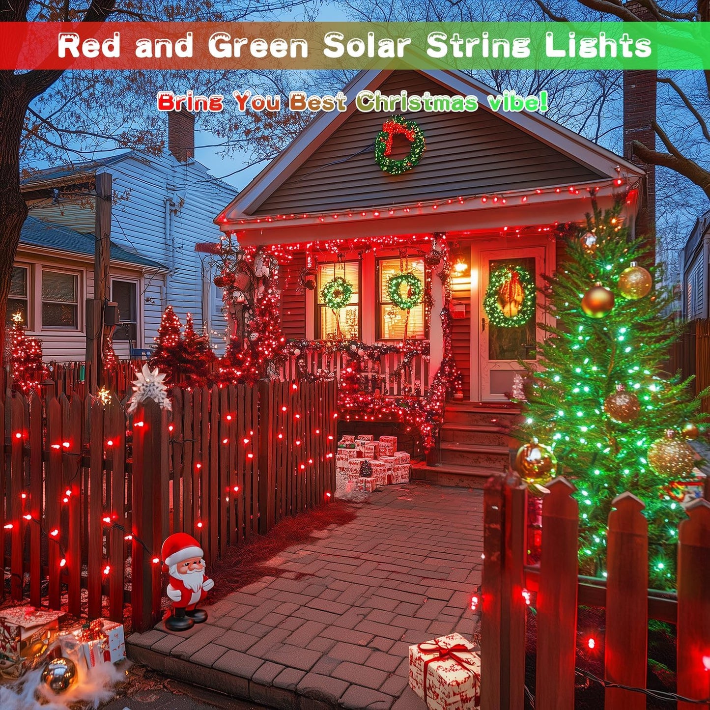 JMEXSUSS Red and Green Solar Christmas Lights Outdoor Waterproof, 2 Pack 100 Led 33ft Color Changing Solar String Lights for Christmas Tree Decor