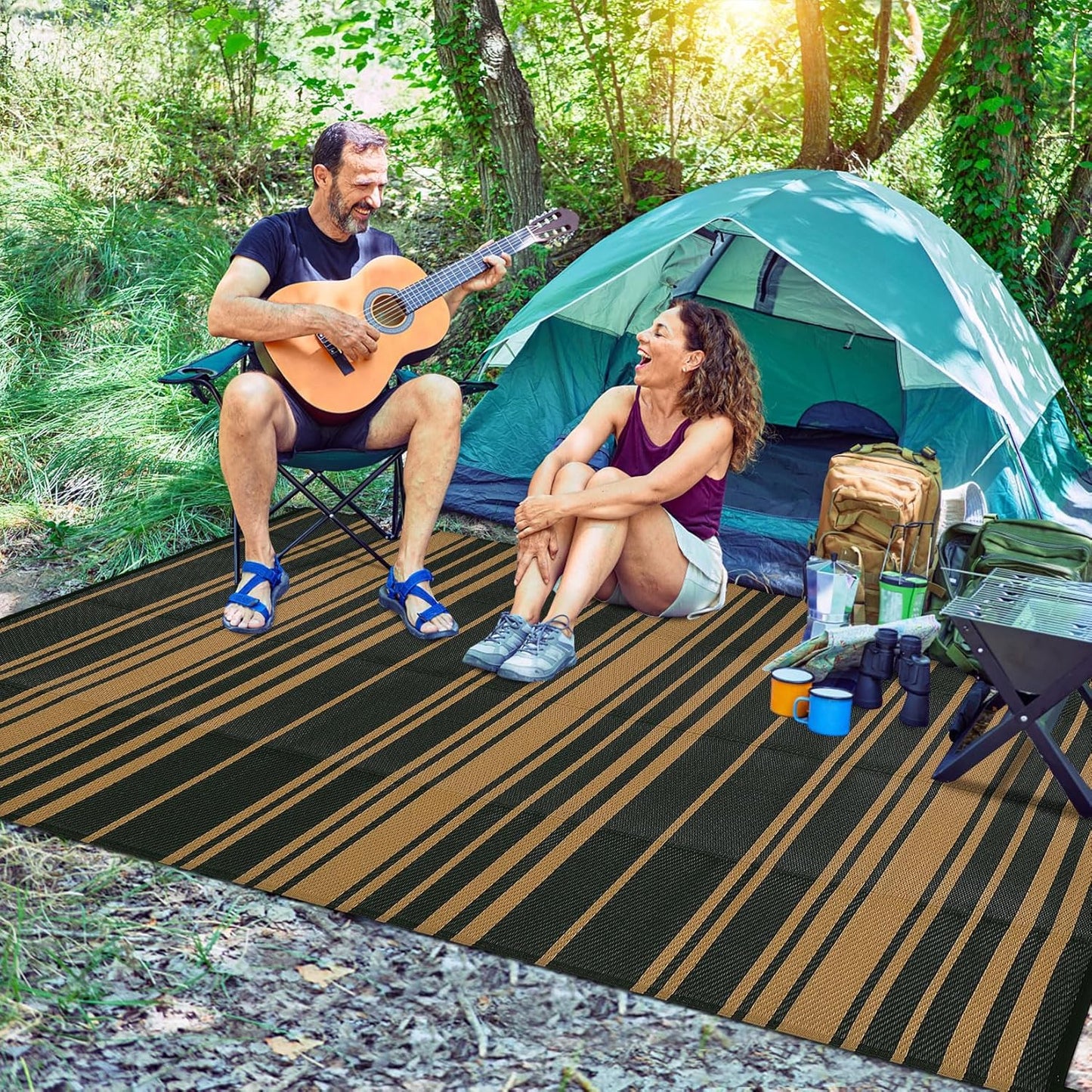 Outdoor Patio Rug 9x12 Stain-Resistant Reversible Camping Mat, Modern Striped Outdoor Plastic Straw Rug, Waterproof Outside Carpet, Easy to Clean for RV, Porch, Deck, Balcony, Black Brown