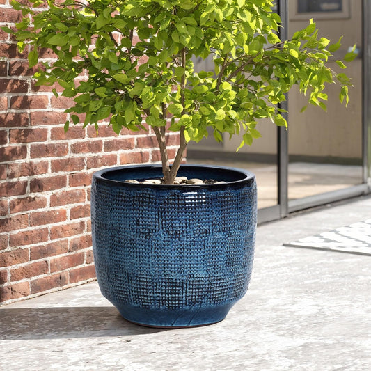 LuxenHome 15.5" Dia Large Ceramic Pots for Plants, Ocean Blue Glazed Planters for Outdoor Plants, Round Indoor Flower Pots with Drainage Hole and Rubber Plug for Home Garden Patio