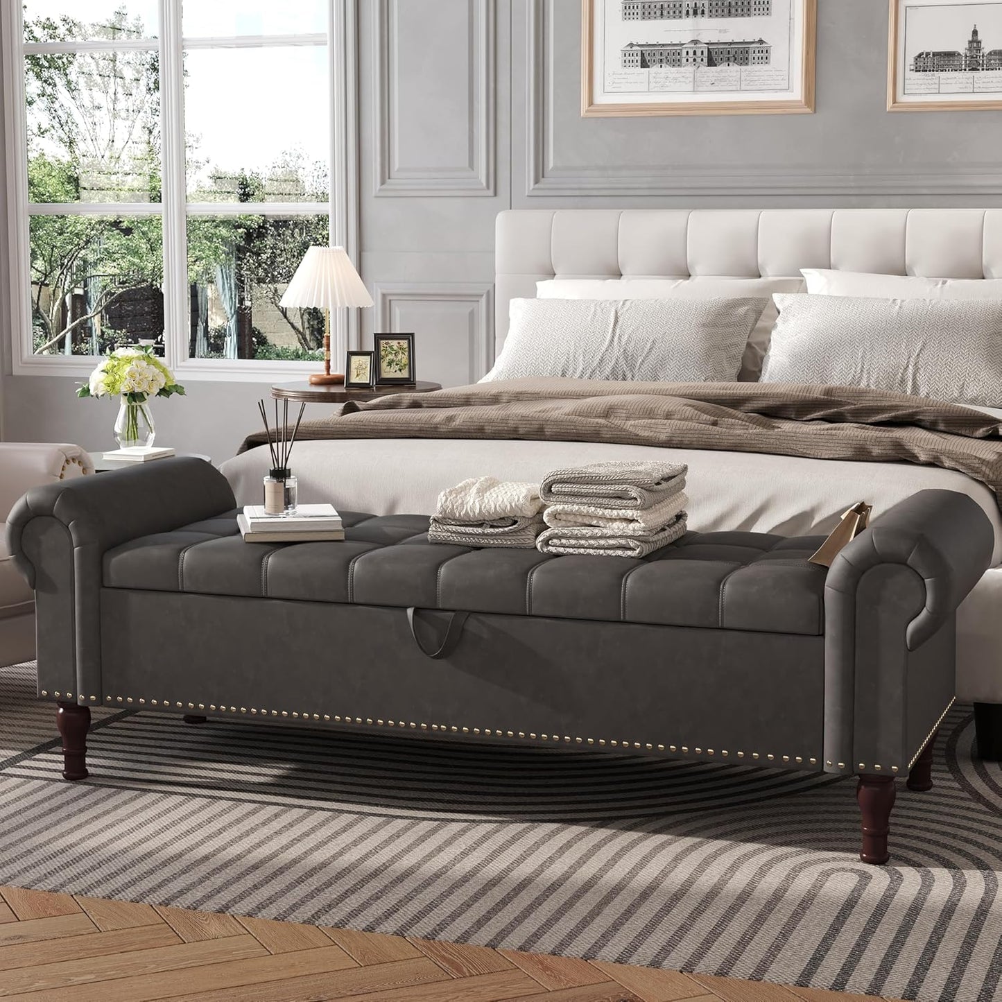 Apicizon 60”Bench with Storage, Upholstered Tufted Button Window Bench with Plenty Hidden Storage Space,Faux Leather Ottoman Bench for Bedroom, Living Room, Entryway，Gray