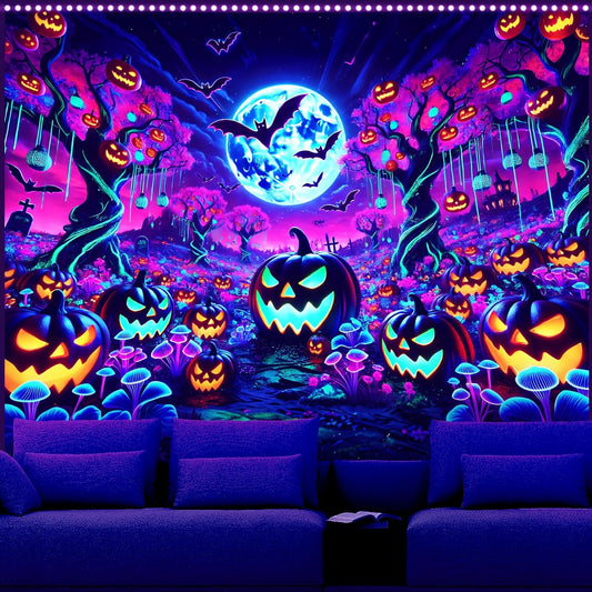 AOHMPT Glow-in-the-Dark Halloween Tapestry - UV Reactive Black Light Wall Hanging Decor for Spooky Parties, Bedroom, Living Room (Pumpkin-Bat, 79L x 59W, Unframed)