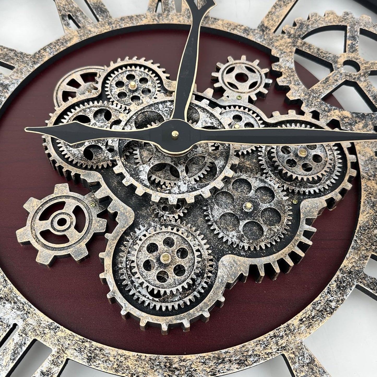 The B-Style Large Real Moving Gears Wall Clock 30 inch Rustic Retro Industrial Farmhouse Wood Clock Oversized Decorative Vintage Wall Clocks for Living Room (Cherry red and Bronze