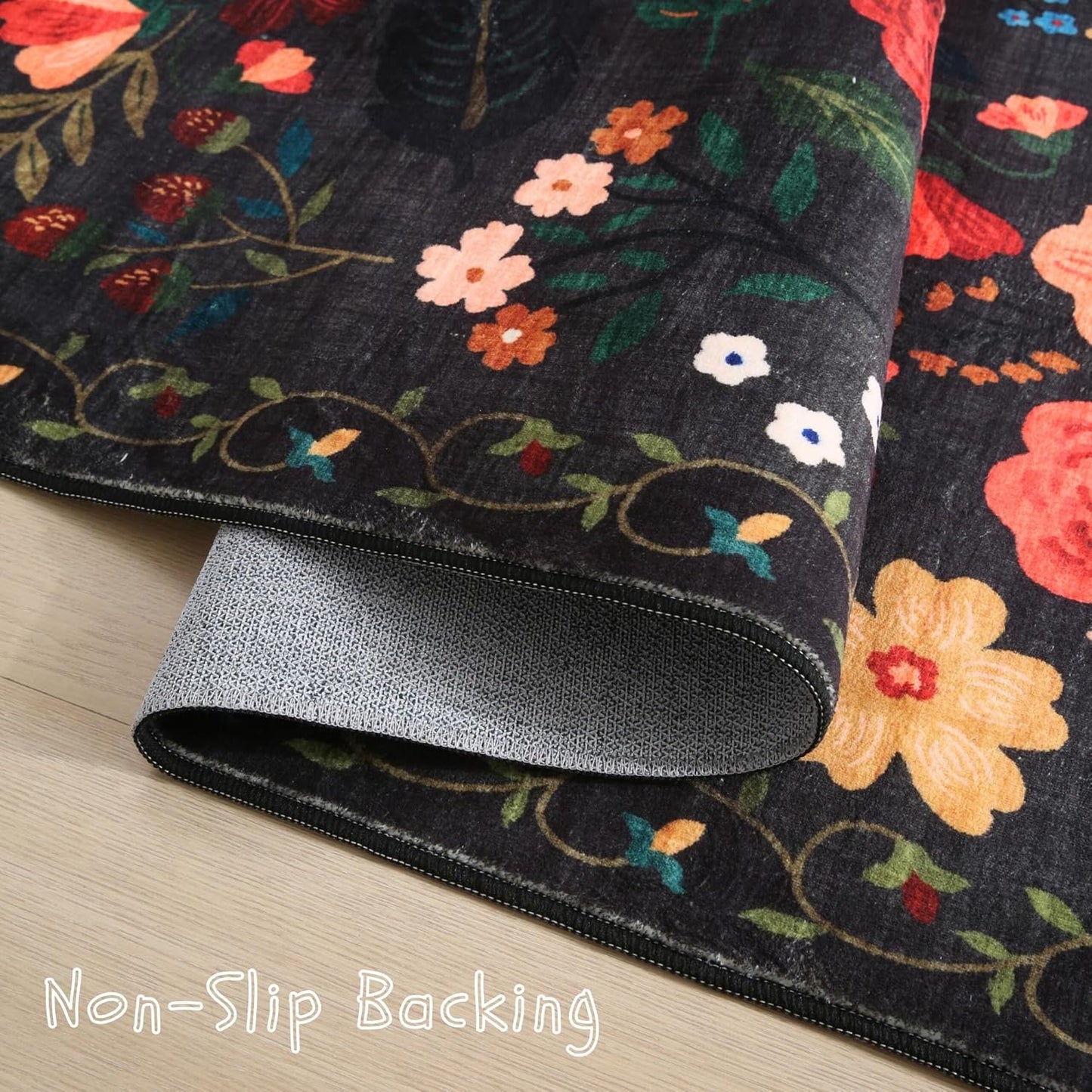 Runners for Hallways Kitchen Rug Non Slip 2'x 10' Long Washable Runner Rugs with Rubber Backing Soft Floral Carpet Runner for Hallways, Kitchen, Laundry, Bedroom, Bathroom(Black)