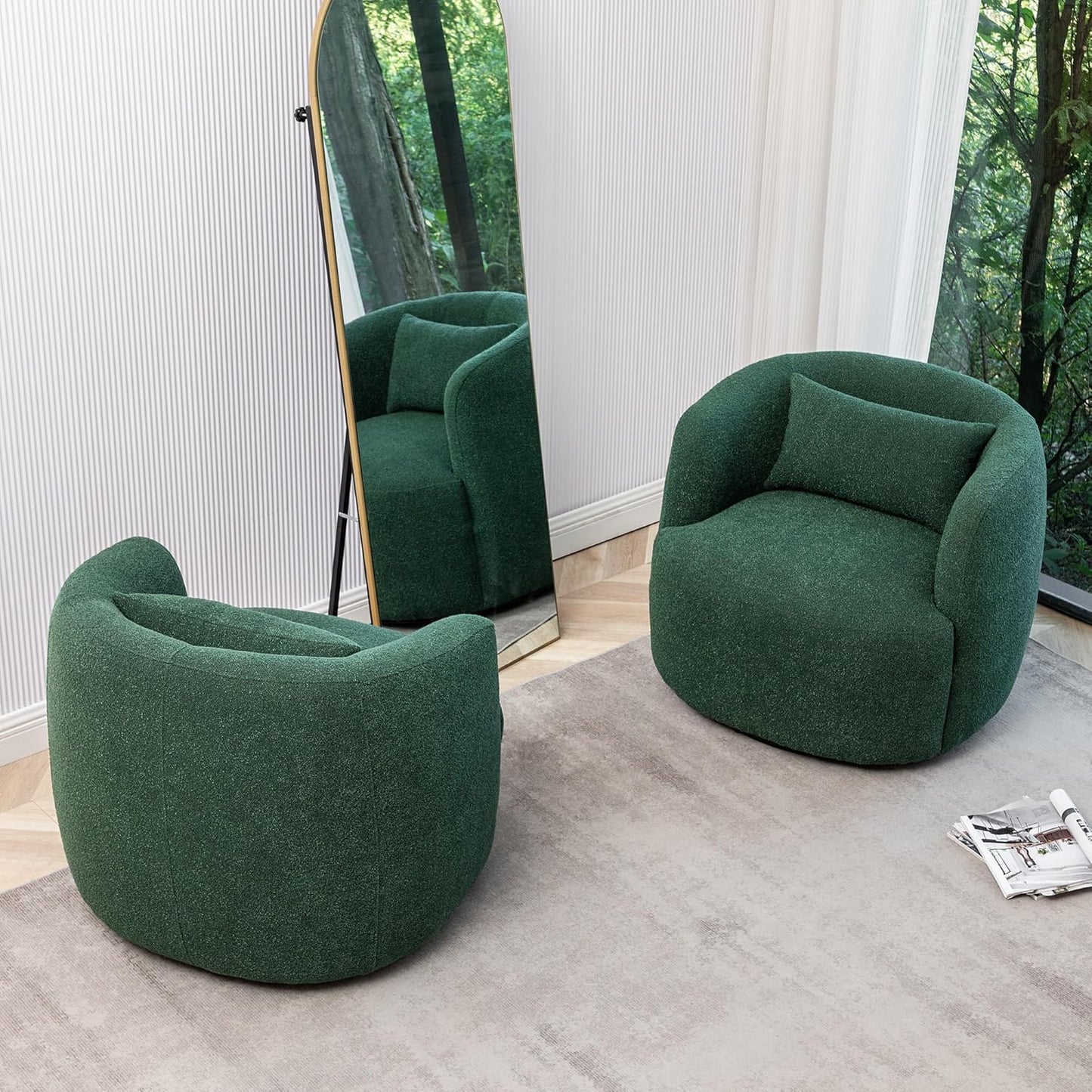KINWELL 34" Wide Boucle Swivel Barrel Chairs Set of 2, No Assembly Round Upholstered Armchairs Accent Chairs Single Sofa Chair with Toss Pillow for Living Room and Bedroom, Green