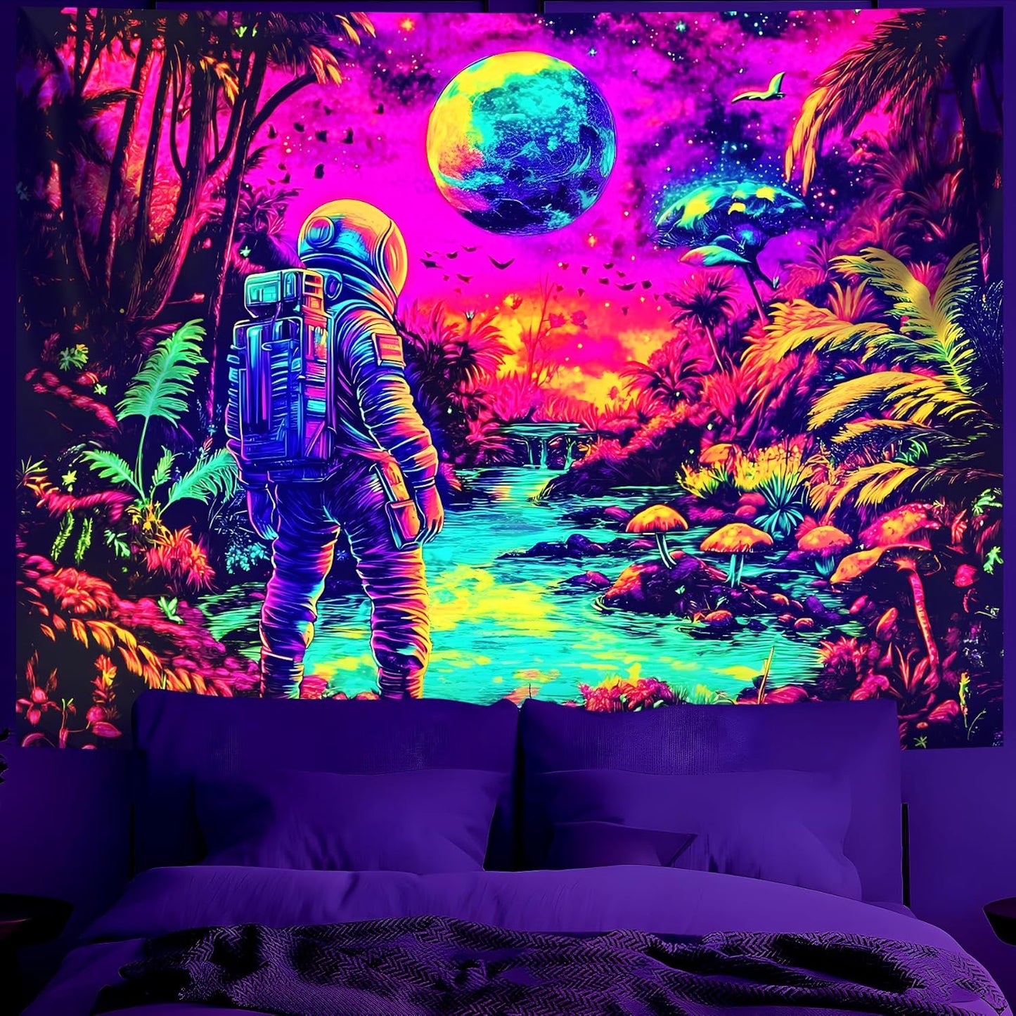 BVBOX Astronaut Space Blacklight Tapestry 79"x59", UV Reactive Astronaut Tropical Rainforest Universe Galaxy Planet Glow in Dark Tapestries, Black Light Neon Upright Poster Wall Hanging Backdrop Decor for Bedroom Living Room