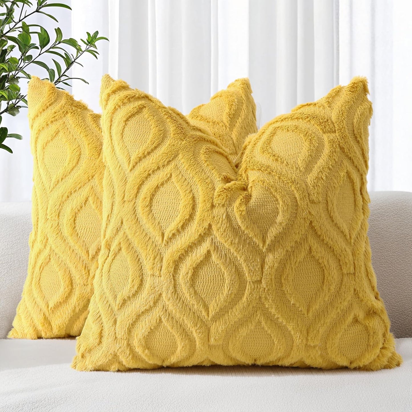 decorUhome Throw Pillow Covers 18x18 Inch Set of 2, Soft Plush Decorative Faux Fur Mustard Yellow Solid Couch Pillow Covers, Accent Farmhouse Neutral Square Euro Pillow Cases for Sofa Bed Living Room