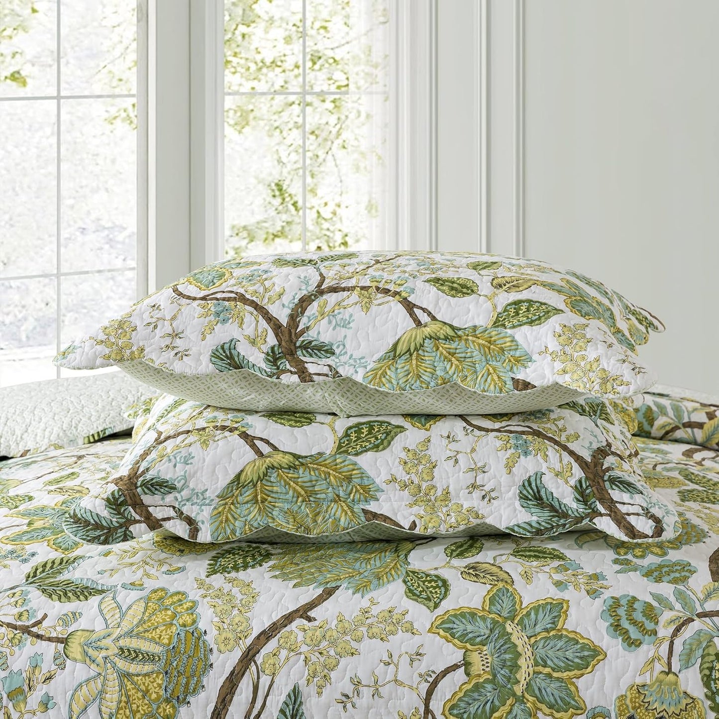 NEWLAKE Cotton Bedspread Quilt Sets - Reversible Patchwork Coverlet Set, Floral Vine Pattern, Queen Size