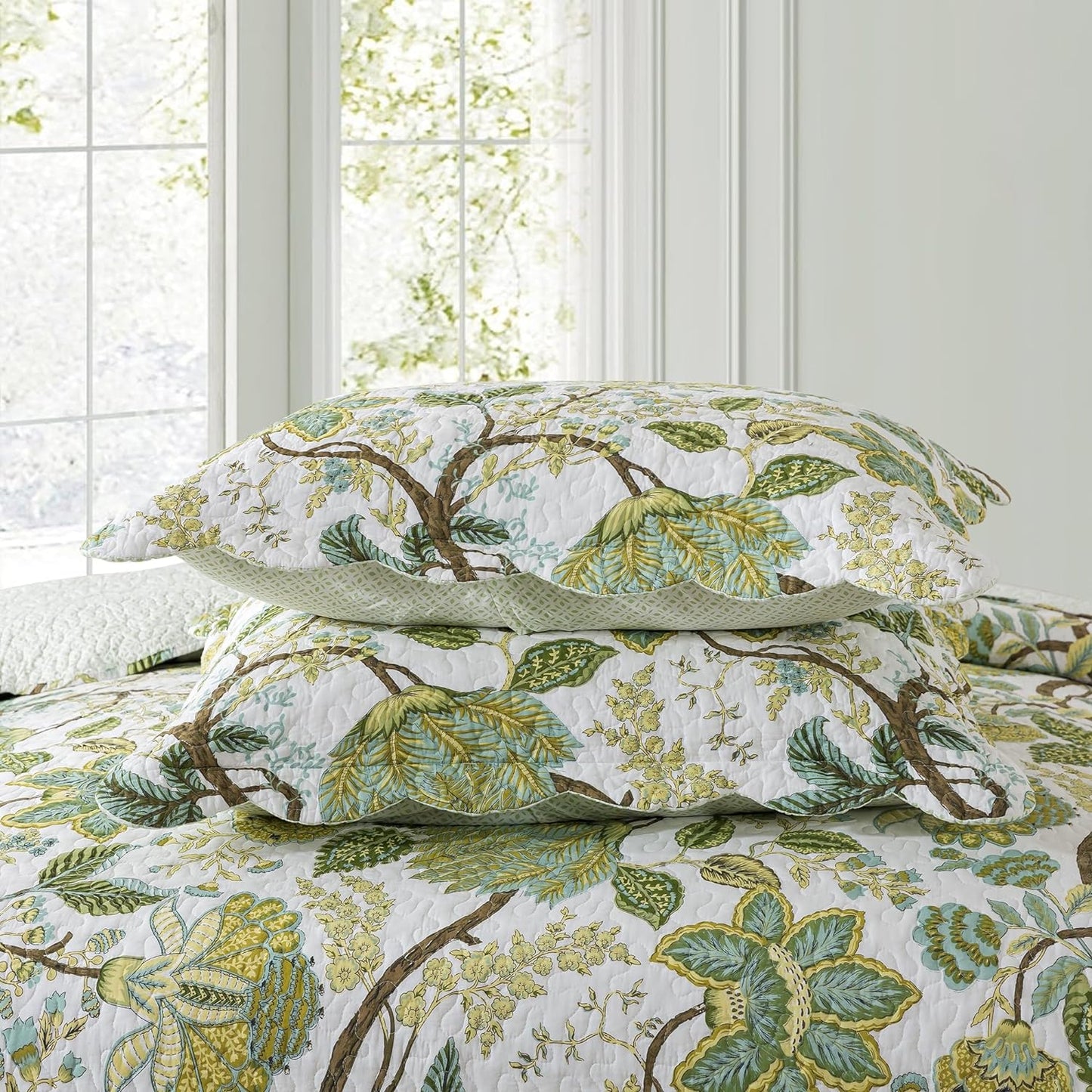 NEWLAKE Cotton Bedspread Quilt Sets - Reversible Patchwork Coverlet Set, Floral Vine Pattern, King Size