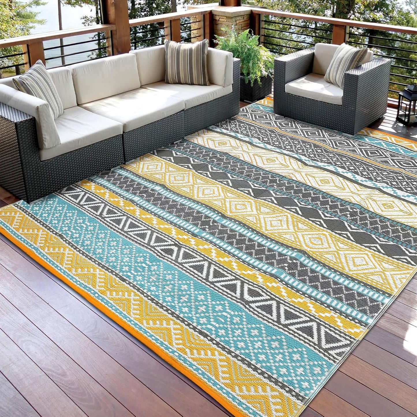 GAOMON Reversible Outdoor Rug 9'x18' Waterproof Plastic Straw Rug, Patio Rug, Large Modern Area Rug Carpet, Indoor Outdoor Rugs for Camping, Porch, Deck, Balcony, Backyard, Teal/Yellow(Bohemia)