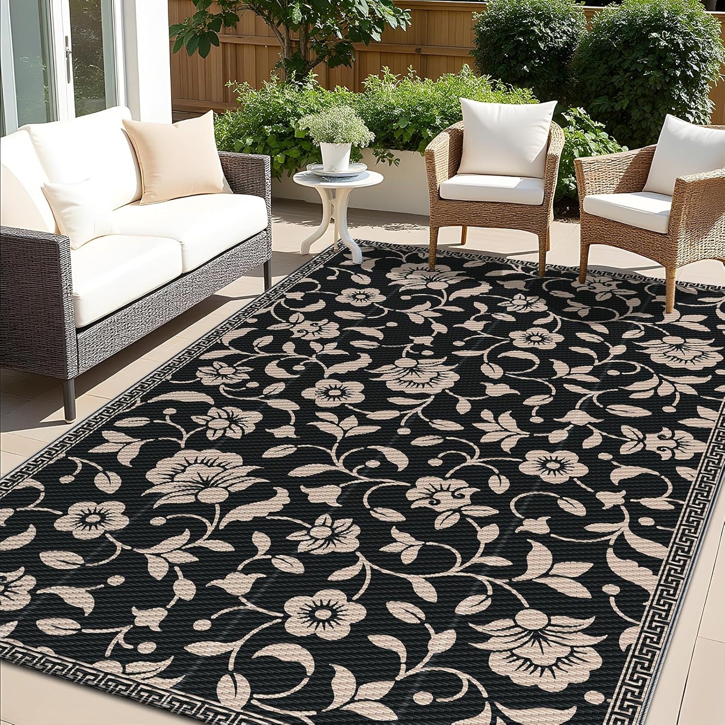 OLANLY Waterproof Outdoor Rug 5x8 ft, Outdoor Plastic Straw Rug with Flower Pattern, Reversible RV Mat for Patio, Camping, Balcony, Deck, Backyard, Black & Beige