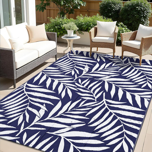 OLANLY Waterproof Outdoor Rug 5x8 ft, Reversible Outdoor Plastic Straw Rug with Leaf Pattern, RV Mat, Indoor Outdoor Carpet for Patio, Camping, Balcony, Deck, Backyard, Navy & White