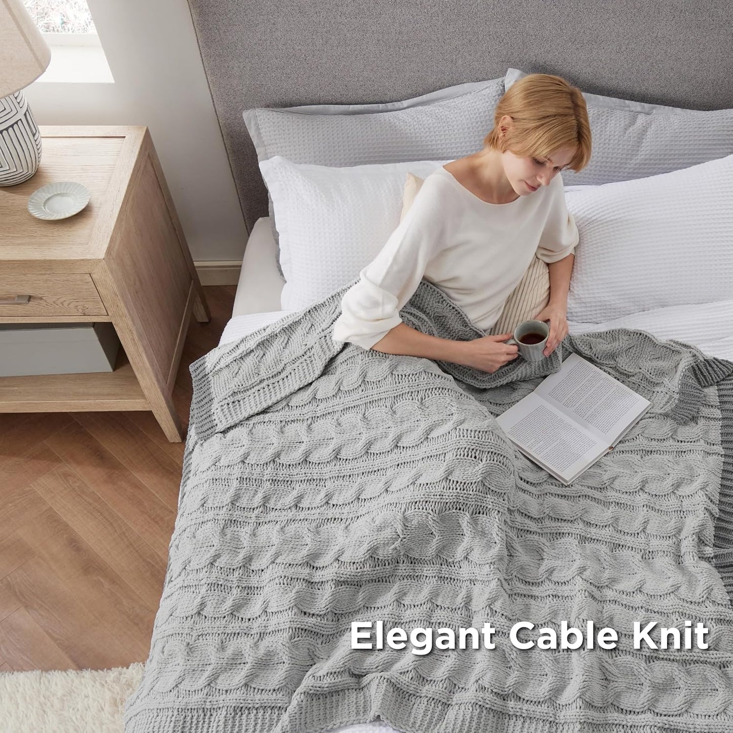 Bedsure Cable Knit Throw Blanket for Couch Bed - Breathable Chenille Chunky Knit Throw Blanket for Decorative Gift, GentleSoft Cozy and Warm for Winter and All Seasons, Grey, 50x60 Inches