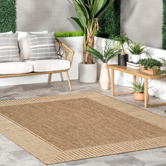 nuLOOM 5' x 8' Outdoor Area Rug, Casual Design With Striped Border, Stain Resistant, Highly Durable, For Patio, Balcony, Bedroom, Living Room, Dining Room, Bathroom, Light Brown