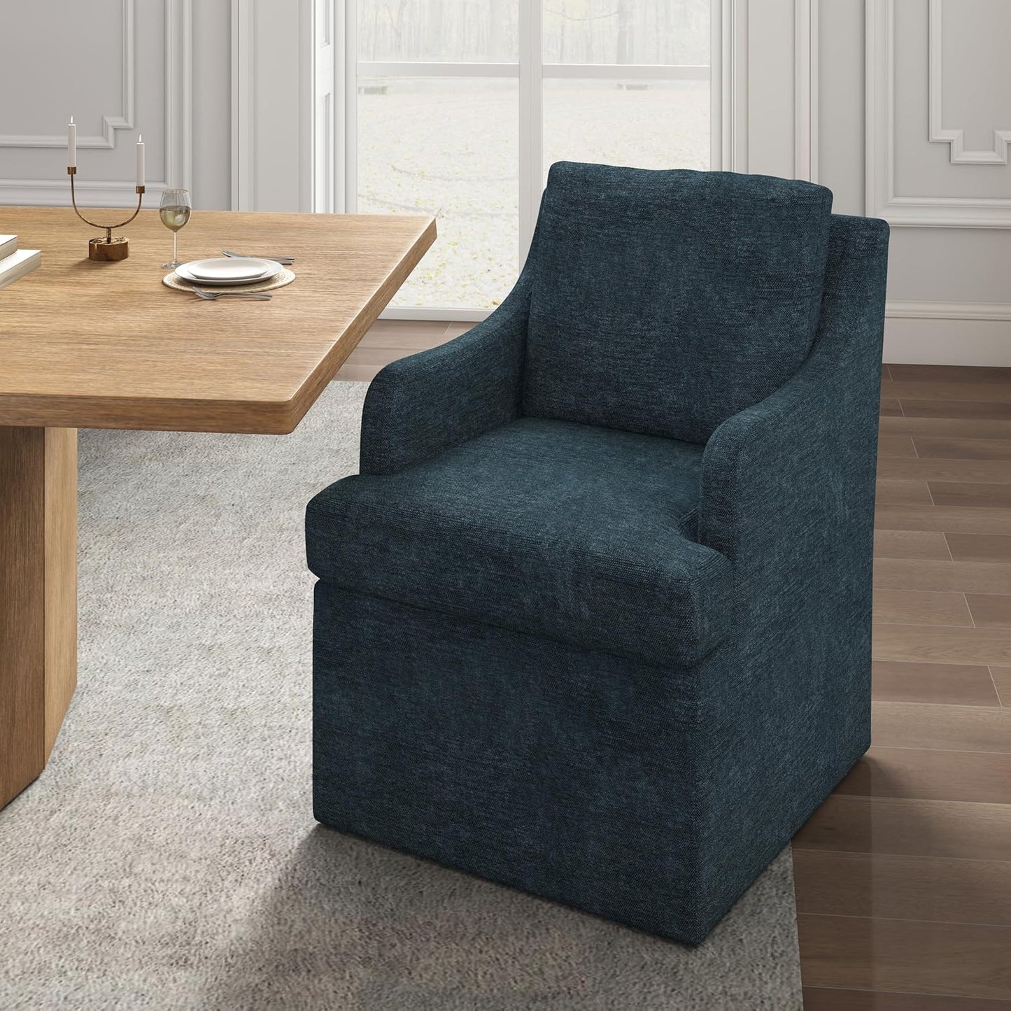 VKNOW Upholstered Dining Chairs Set of 4, Modern Kitchen Chairs Dinner Chairs with 4 Casters, Linen Armchair for Bedroom Reading Room Living Room, Navy