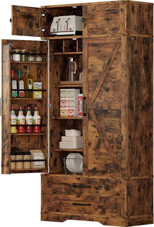 IRONCK Kitchen Pantry 72" Height, with 8 Hanging Shelves, 2 Drawers and Open Storage Cabinet, Freestanding Cupboard for Dining Room Living Room,Vintage Brown