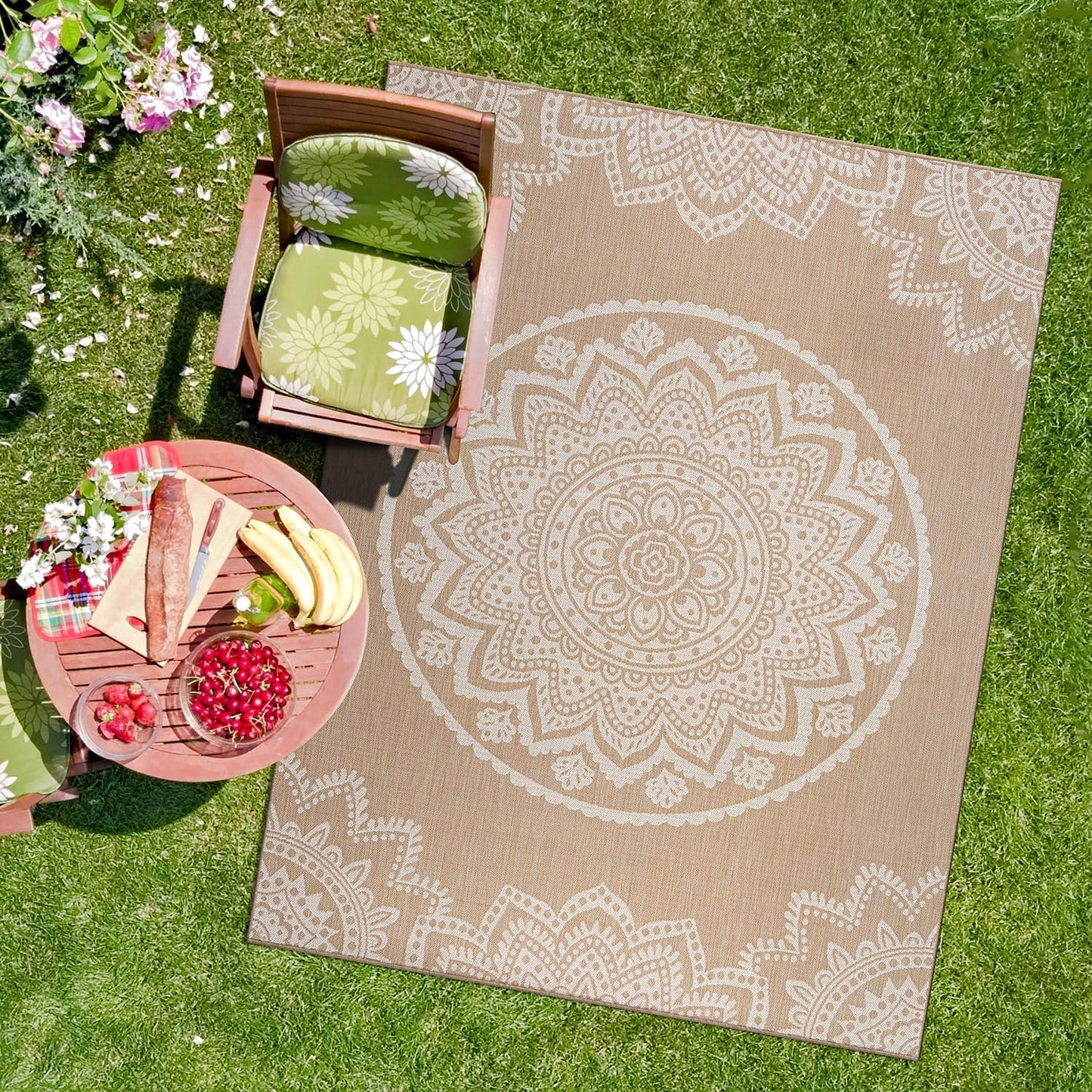 CAMILSON Outdoor Rug 9x12 Modern Area Rugs for Large Indoor and Outdoor Patios and Porches - Waterproof Washable Non-Shedding Easy-to-Clean Outside Carpet (9 x 12, Medallion - Beige/White)