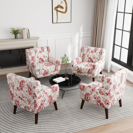 UIXE Floral Accent Chair, Modern Upholstered Armchair in Fabric for Living Room, Comfy Club Arm Chairs Single Sofa Button Tufted Bedroom Reading Seat - Pattern White, Set of 4