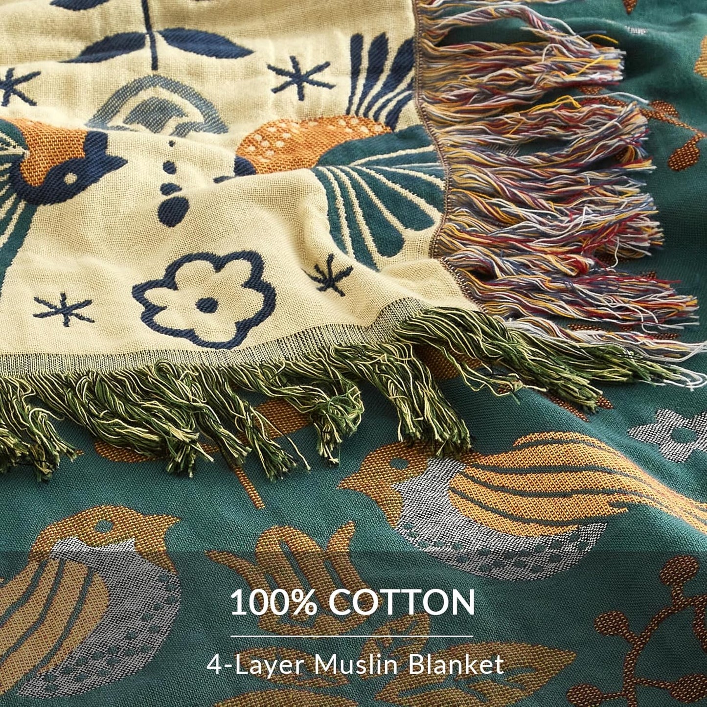 Boho Throw Blanket for Couch Sofa Bed, 100% Cotton Woven Quilt with Tassel 90”x98”, Super Soft Muslin Blanket with Bird Printed, Decorative Reversible Bed Blanket/Cover for All Seasons