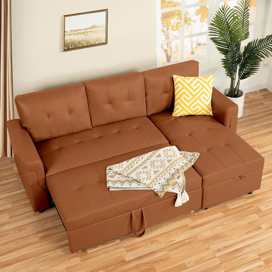 Naomi Home L-Shaped Reversible Sectional Sofa with Pull-Out Sleeper Bed and Storage Chaise, Caramel Air Leather