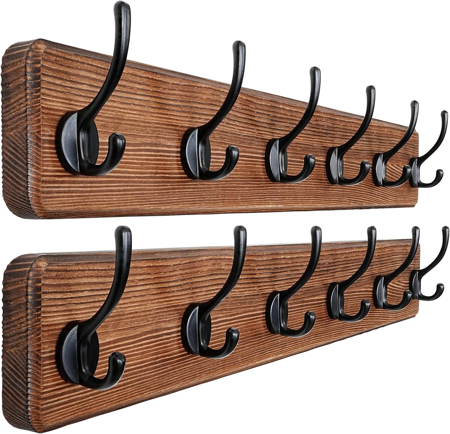 Dseap Wall Mounted Coat Rack: 24" Long, Patented, Heavy-Duty, 6-Double-Hooks Wooden Hanger Rail for Winter Coats, Hat, Jacket, Clothing - Natural & Black, Pack of 2