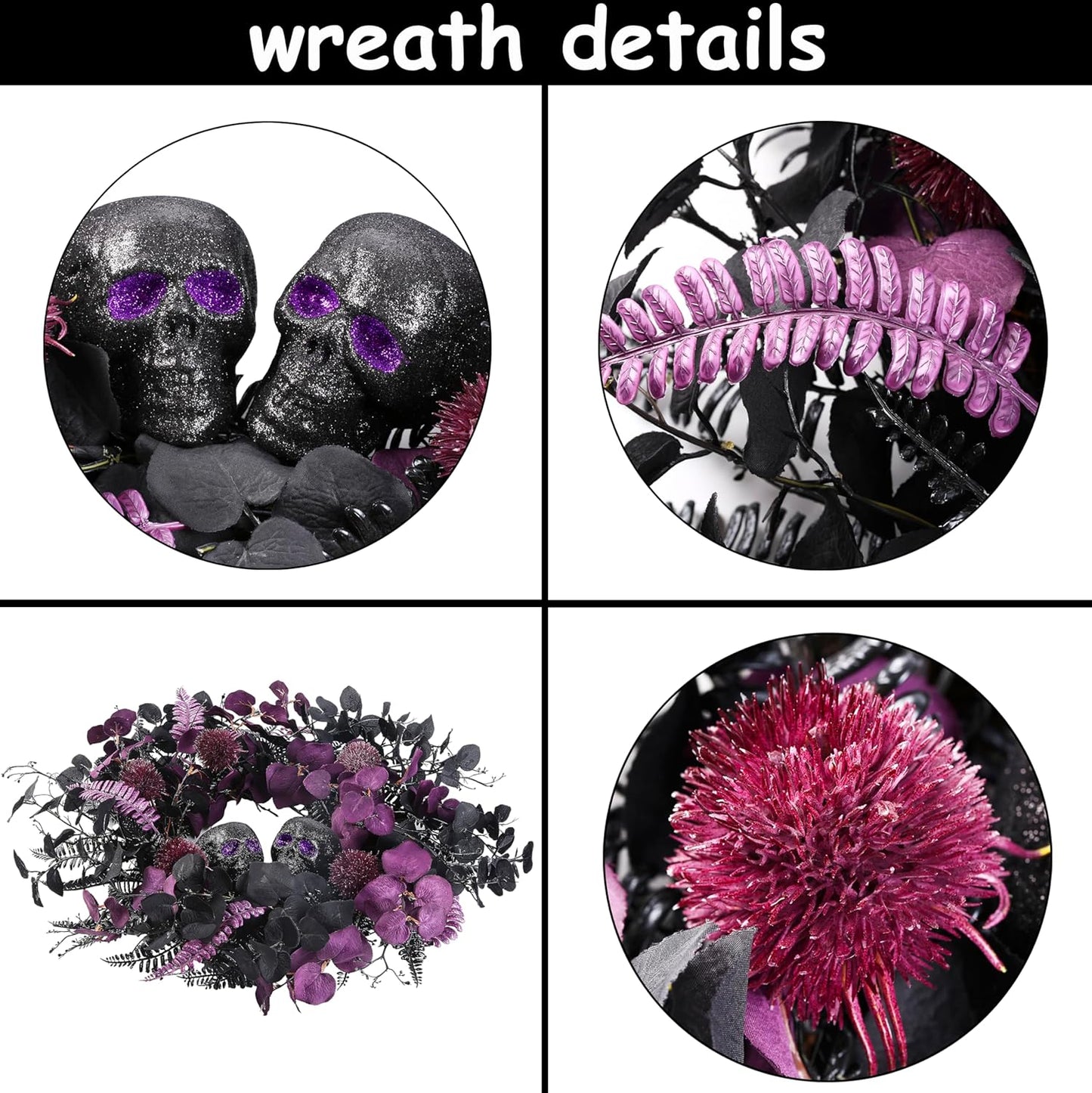 20" Halloween Wreaths for Front Door, Black Glitter Skulls Purple Eucalyptus Leaves Halloween Horror Decor, Gothic Party Room Decoration