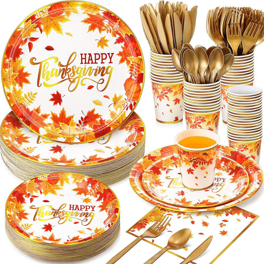 350 Pcs Thanksgiving Fall Party Supplies Maple Leaf Dinnerware Set Disposable Plates Napkins Paper Cups Plastic Cutlery for Autumn Thanksgiving Harvest Party Decor Serves 50(Maple Leaf)