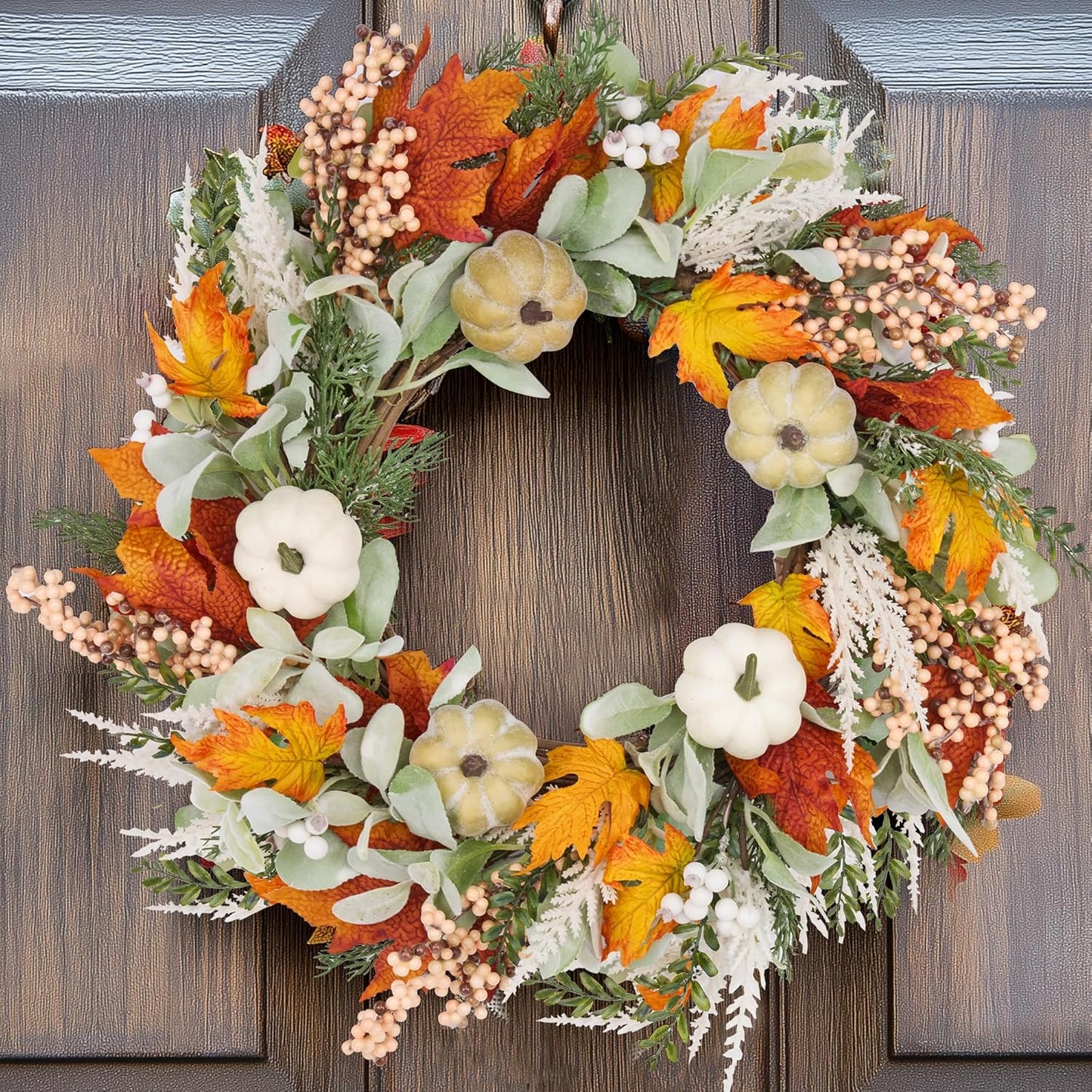 GENMOUS 24inch Fall Wreaths for Front Door, Maple Leaves Autumn Wreath Eucalyptus Berries Pumpkins Lamb Ears Leaves, Porch Wall, Home Outdoor Indoor Thanksgiving Halloween Harvest Holiday Fall Decor
